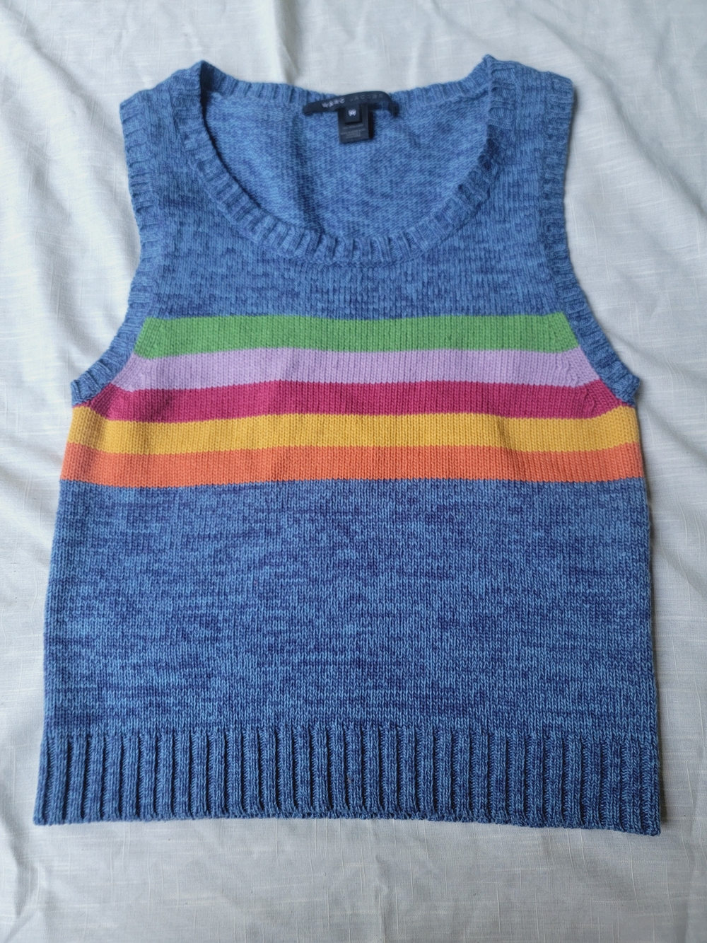 Marc Jacobs Wool Sleeveless Blue Knit Stripe Sweater Vest with Rainbow Bands